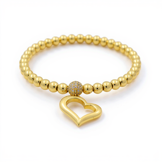 10K Yellow Gold Balls with Heart Women's Bracelet / Stone: Cz / Weight: 8.4 GR
