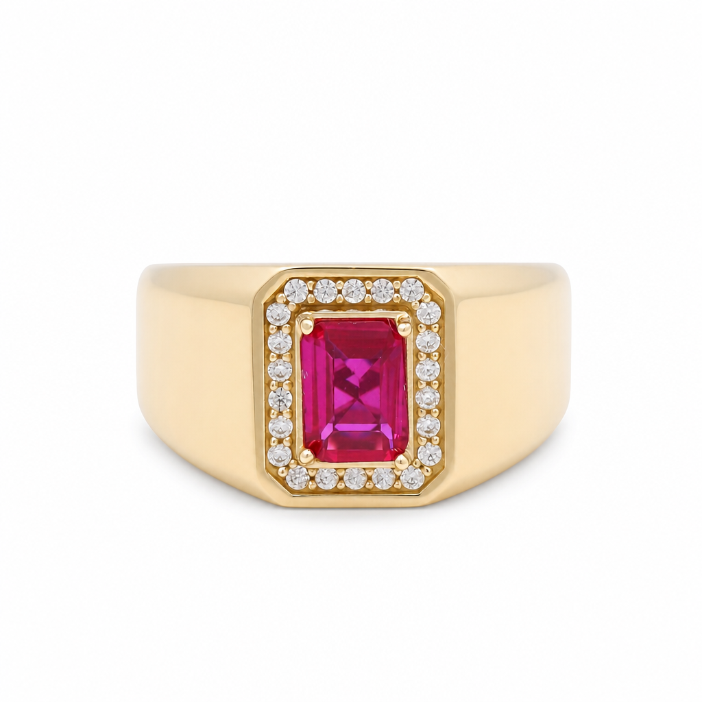 10K Yellow Gold Men's Ring with Cz and Red Stone / Size: 10 / Weight: 4.9 GR / 602-00212
