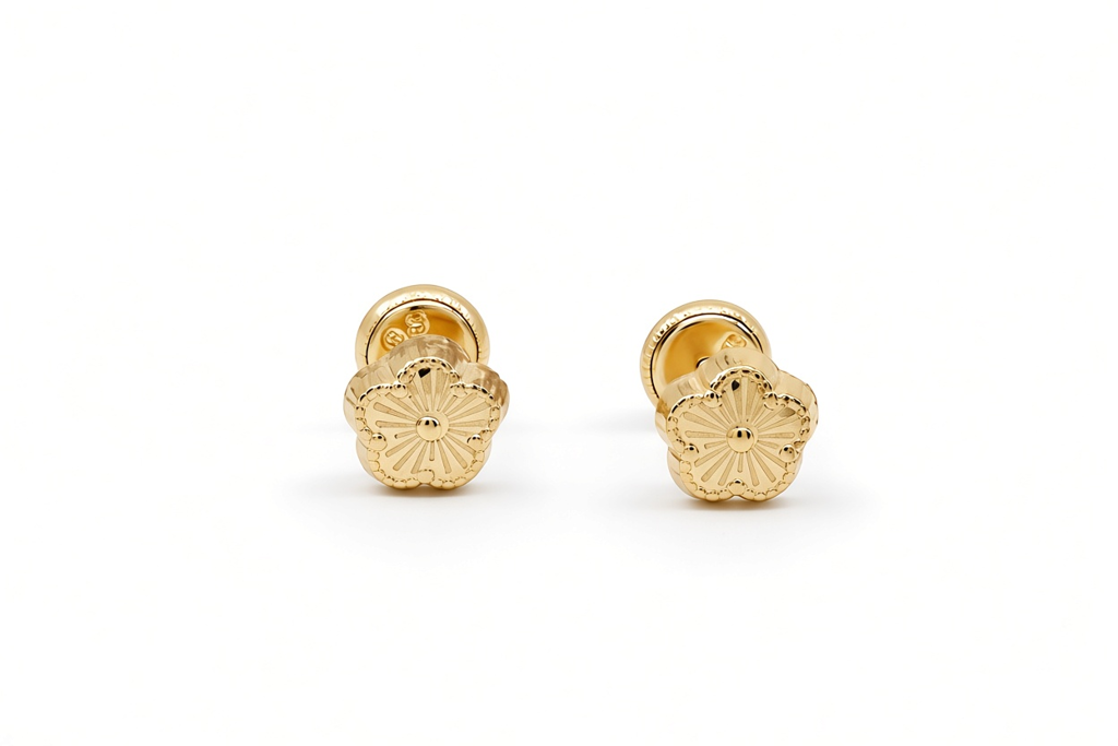 14K Yellow Gold Fashion Flower Stud Earrings / 6-525201PF