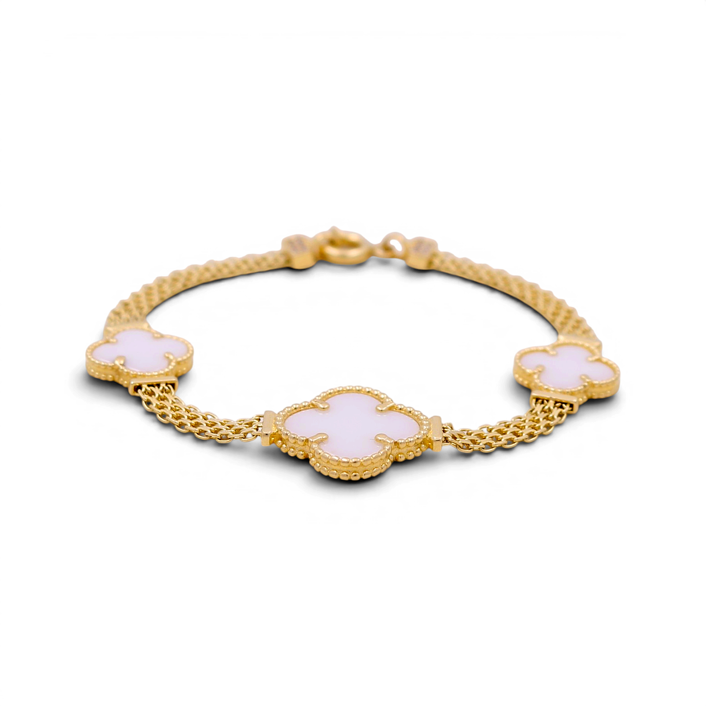 14K Yellow Gold Women's Bracelet with Three Mother of Pearl Clover / Size 7.5" / Weight 11.8