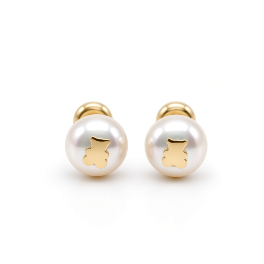 14K Yellow Gold Pearl Bear Stud Earrings / 6-749701PN
