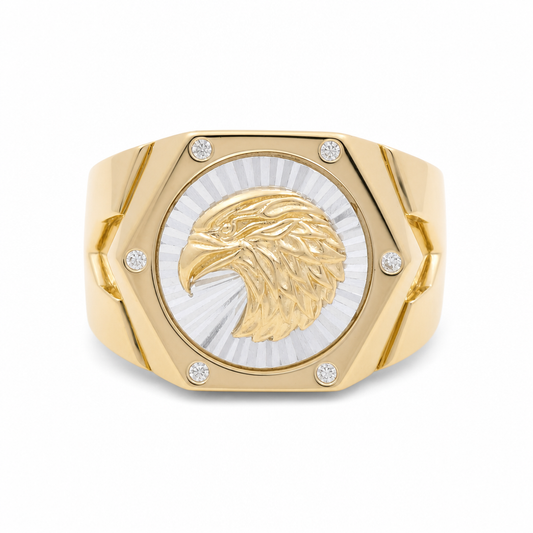 14K Yellow and White Gold Eagle Men's Ring / Stone: CZ / Size:10 / Weight: 11 GR