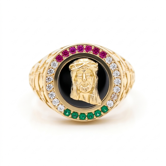 10K Yellow Gold Christ Men's Ring with Onyx and Multicolor Cz / Size:12 / Weight: 7.6 GR