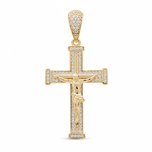 14K Yellow Gold Cross Pendant With Christ and Cz Stones / Size: 1.8"x0.8" / Weight: 4.1 GR