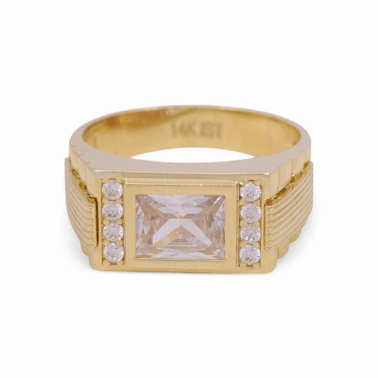 14K Yellow Gold Fashion Square Men's Ring with White CZ / Size 10 / Weight: 8.4 GR / COMR4FS-77