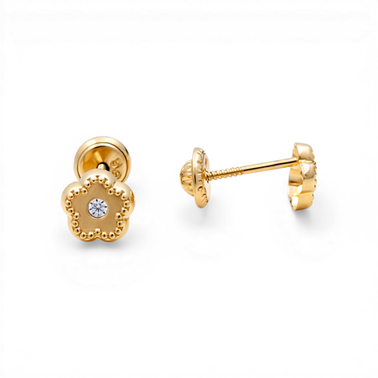 14k Yellow Gold Flower Stud Earrings with Cz / 6-527801PS5