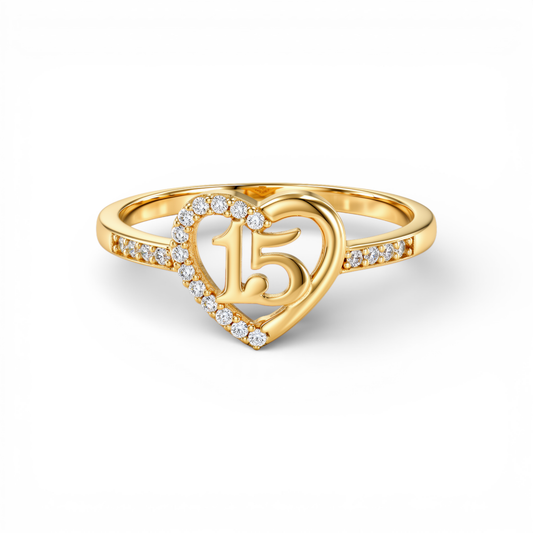 10K Yellow Gold Quinceañera Women's Ring with Heart and Cz / Size: 8 / Weight: 1.4 GR / DQWR0HR-20