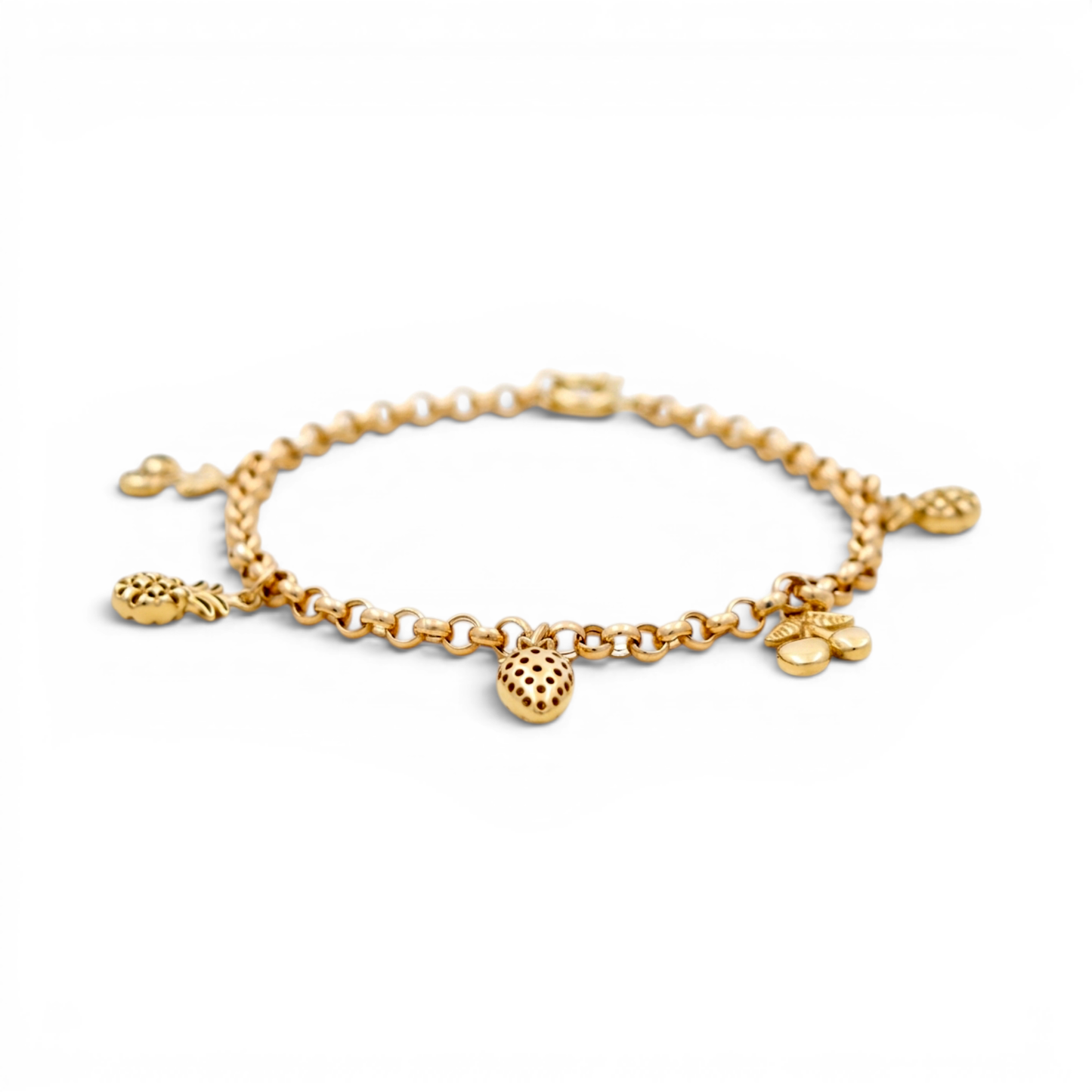 10k Yellow Gold Rolo Women's Bracelet with Fruits Hanging Charms / Size: 7.5" / Weight: 4.6 GR
