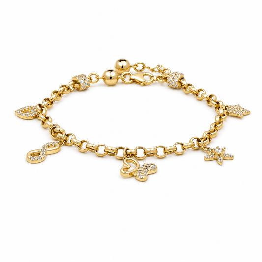 14k Yellow Gold Rolo Link Women's Bracelet with Charms and Cz / Size: 7.5" / Weight: 6.8 GR / CCFWB4FS-13
