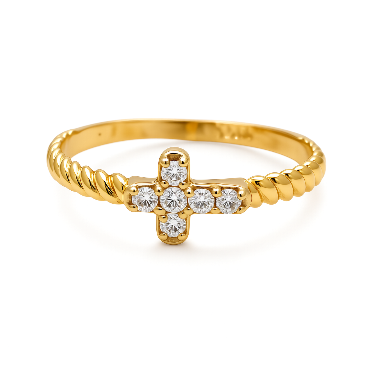 14K Yellow Gold Small Cross Women's Ring with Cz / Size: 7.5 / Weight: 1.3 GR / CEEWR4CS