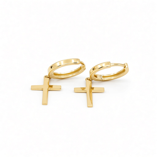 14K Yellow Gold Hoop Earrings with Cross Charm / Weight: 2.3 GR / DOEH4CS