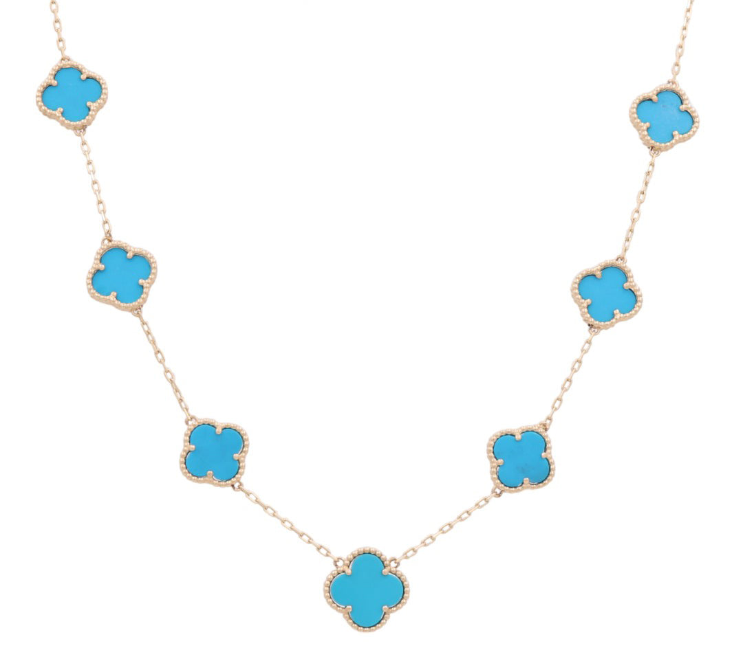 14K Yellow Gold Women's Necklace with 7 Light Blue Clover