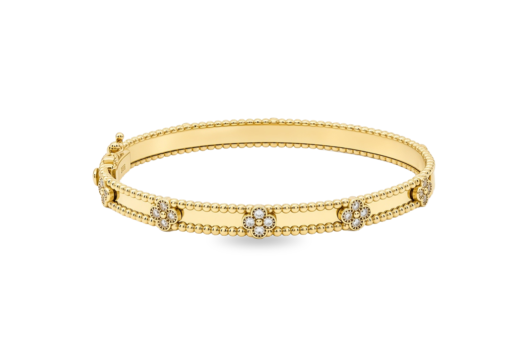 10K Yellow Gold Fashion Clover Women's Bangle Bracelet with Cz / Size: 17" / Weight: 10.2 GR / P61B-518