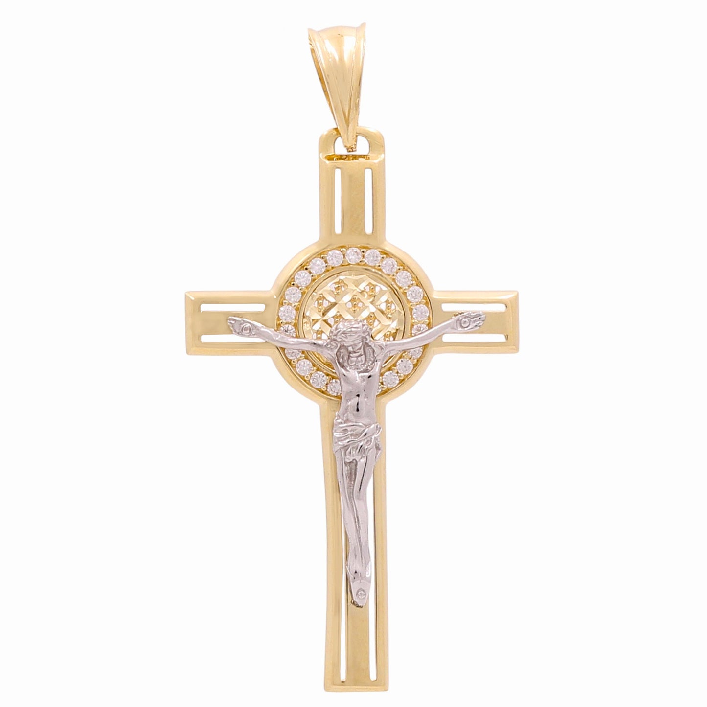 14K Yellow and White Gold Cross with Christ Pendant and CZ  / Weight: 7 GR / 602-00104