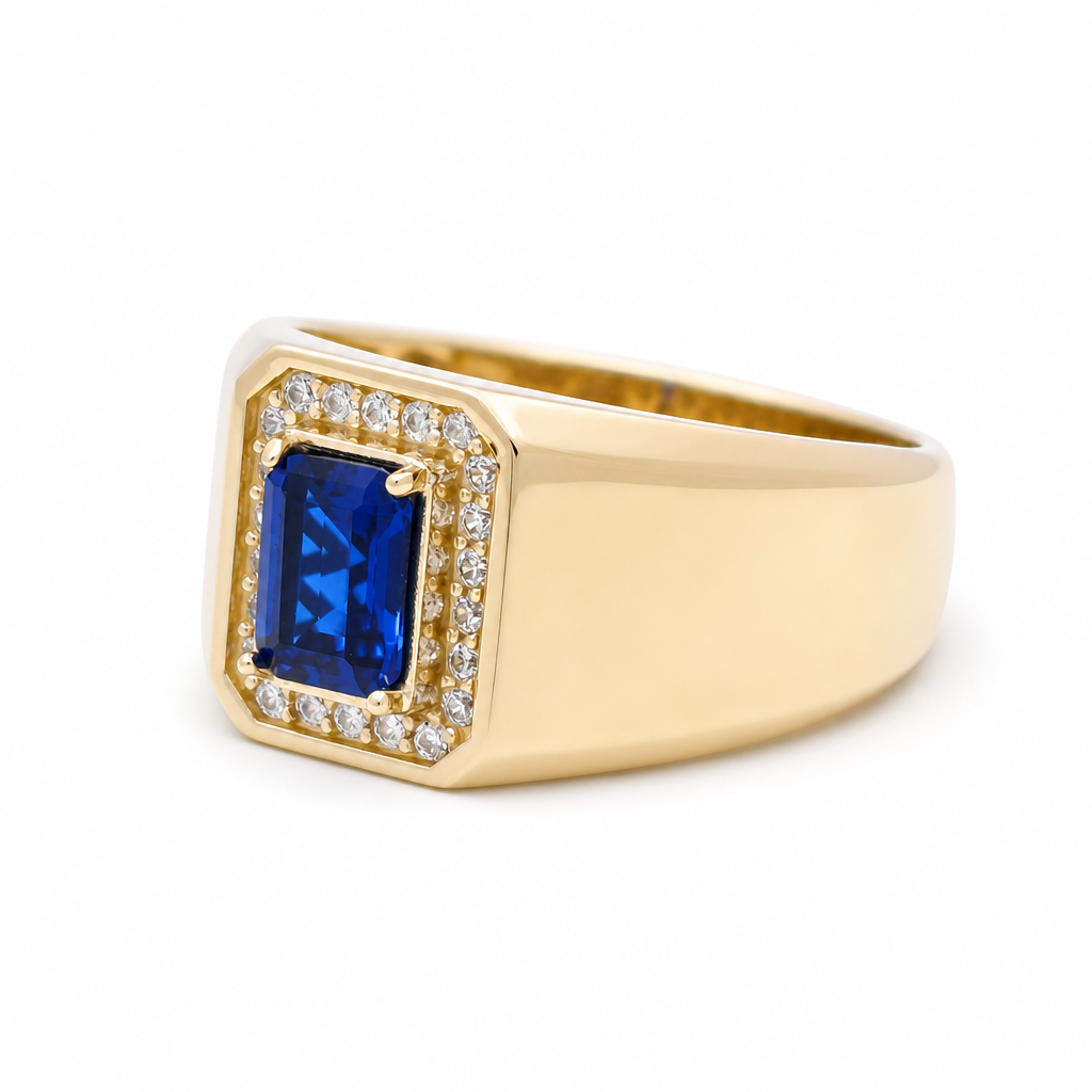 10K Yellow Gold Men's Ring with Cz and Royal Blue Stone / Size: 10 / Weight: 4.9 GR / 602-00212