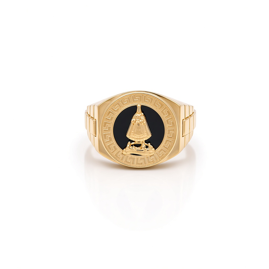 10K Yellow Gold Virgen de la Caridad with Greek Men's Ring / Size: 10.5 / Weight: 6.1 GR / P04FM-519