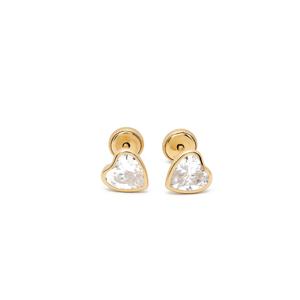 14K Yellow Gold Fashion Heart Stud Earrings with Cz Stone / 6-523501PS6