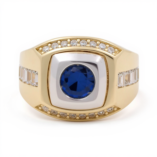 10K Two Tone Gold Men’s Blue Stone Ring w/ side Baguette / Cz / Size 11.5 / Weight: 5.3 GR /CQMR0FS-1