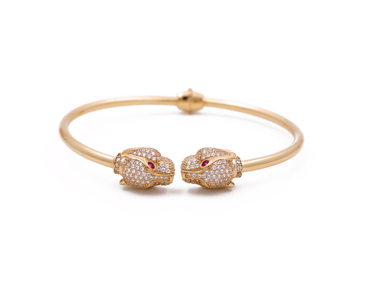 14K Yellow Gold SemiSolid Bangle Bracelet with Panther and Cz / Weight: 9.4 GR