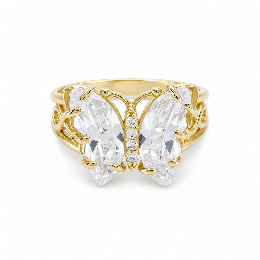 14K Yellow Gold Butterfly Women's Ring with White Cz / Size: 7 / Weight: 4 GR / BCFWR4BT