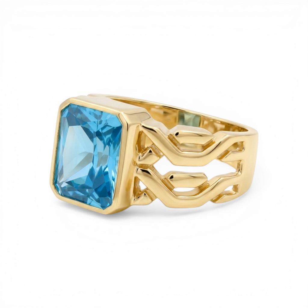 10K Yellow Gold Fashion Men's Ring with Light Blue Stone / Size: 9.5 / Weight: 9.4 GR / CLBMR0FS