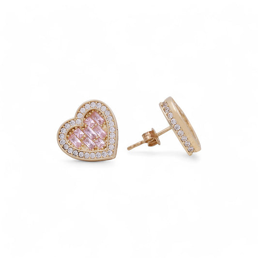 10K Yellow Gold Heart Stud Earrings with Pink Stone