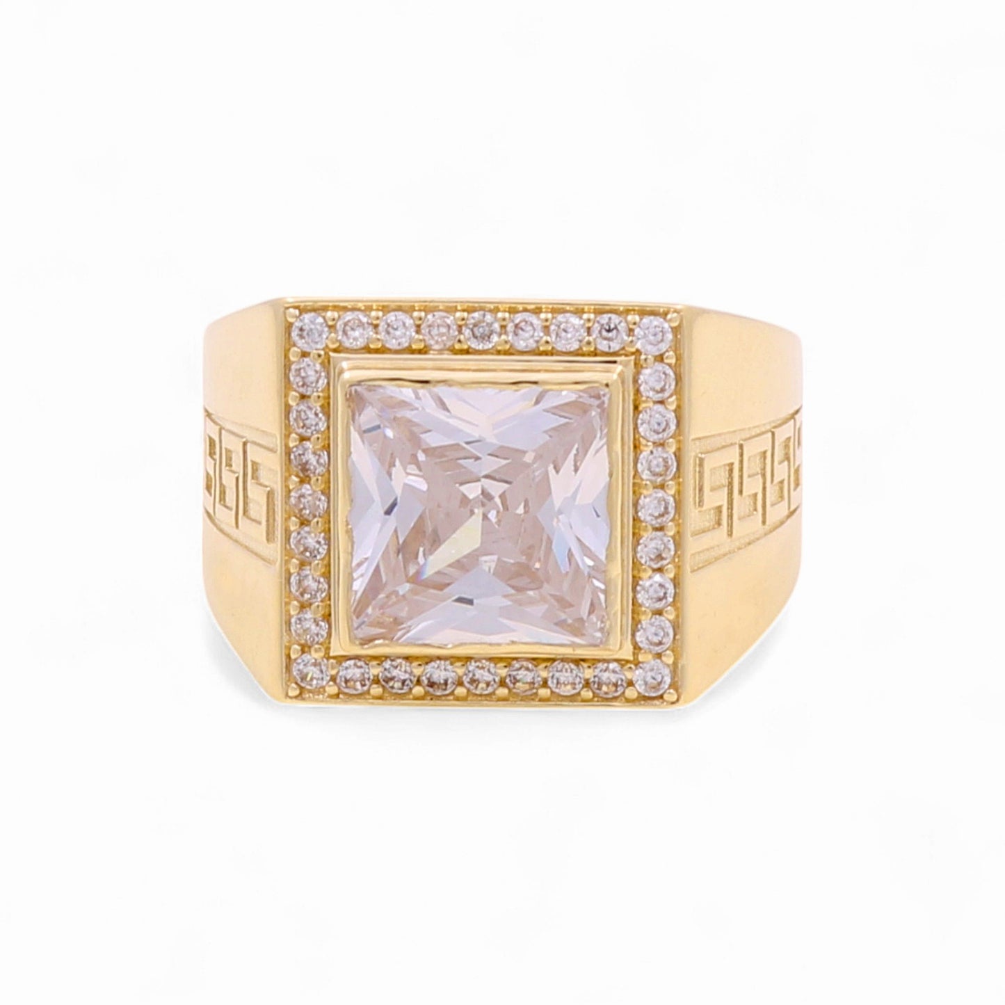 14K Yellow Gold Square Men's Greek Ring with and White Cz / Size 10 / Weight 8.7 GR