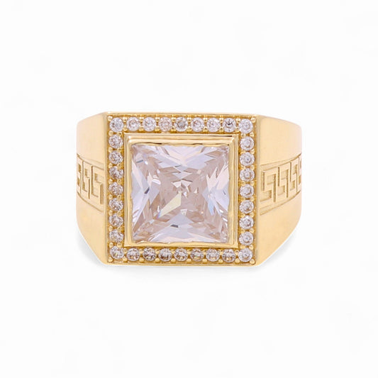 14K Yellow Gold Square Men's Greek Ring with and White Cz / Size 10 / Weight 8.7 GR