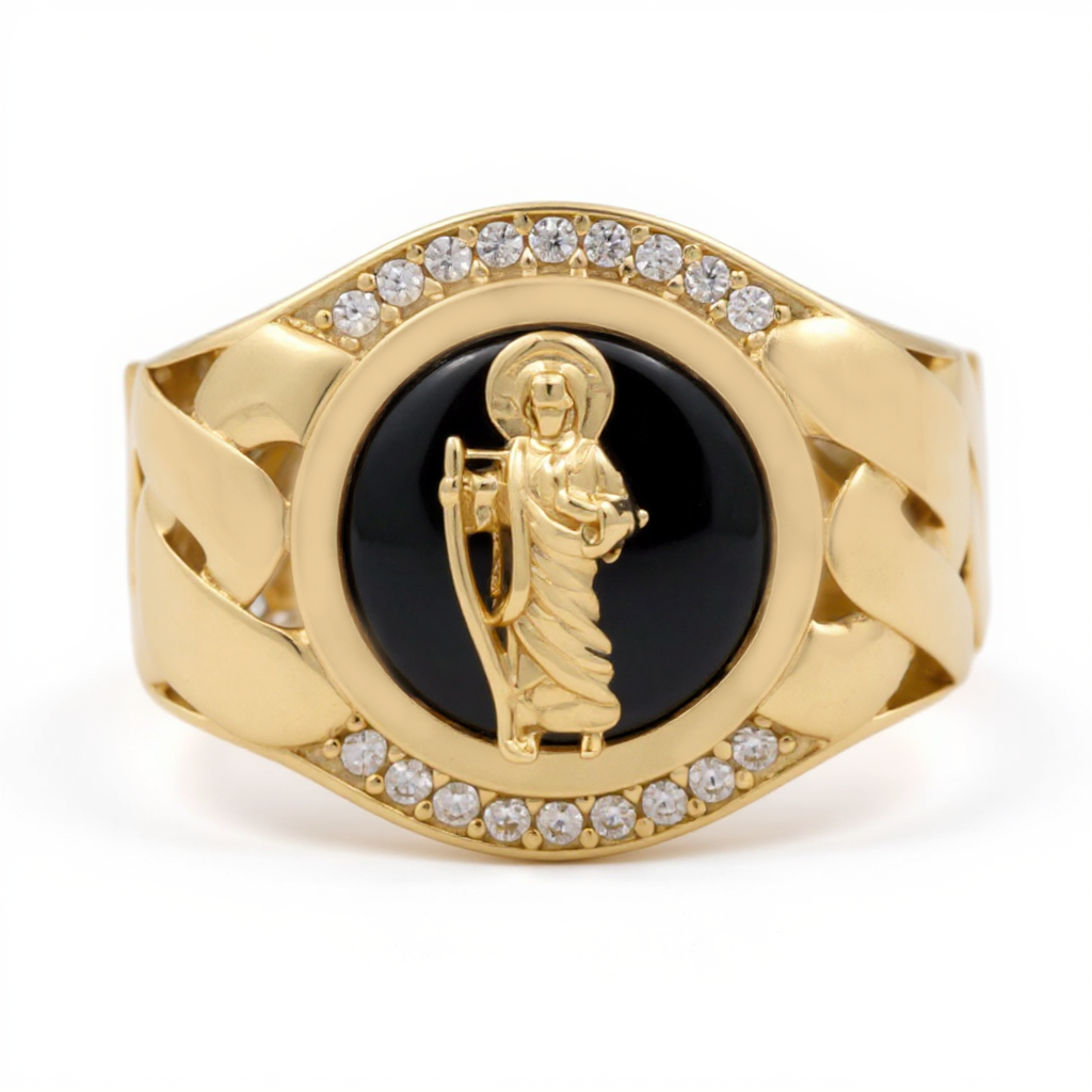 10K Yellow Gold San Judas RD Men's Ring with Onyx and Cz / Size: 11 / Weight: 7.6 GR