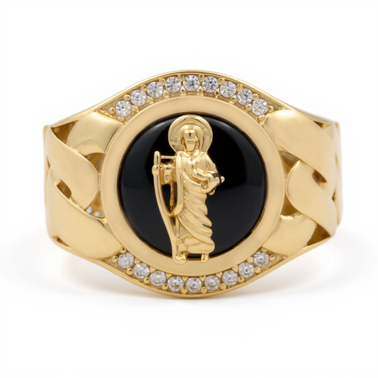 10K Yellow Gold San Judas RD Men's Ring with Onyx and Cz / Size: 11 / Weight: 7.6 GR