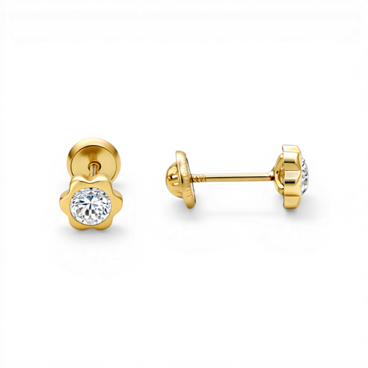 14k Yellow Gold Flower Stud Earrings With Cz / 6-CH-M-4