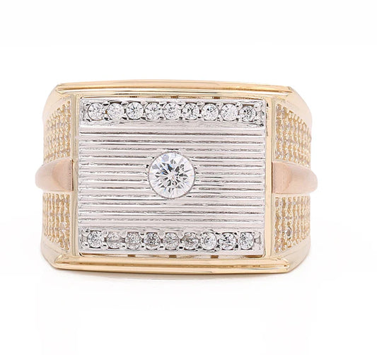14K Yellow Gold Three Tone Rectangular Mens Ring with Cz / Size 10 / Weight 10.9 GR / COMR4RCT3TCZ