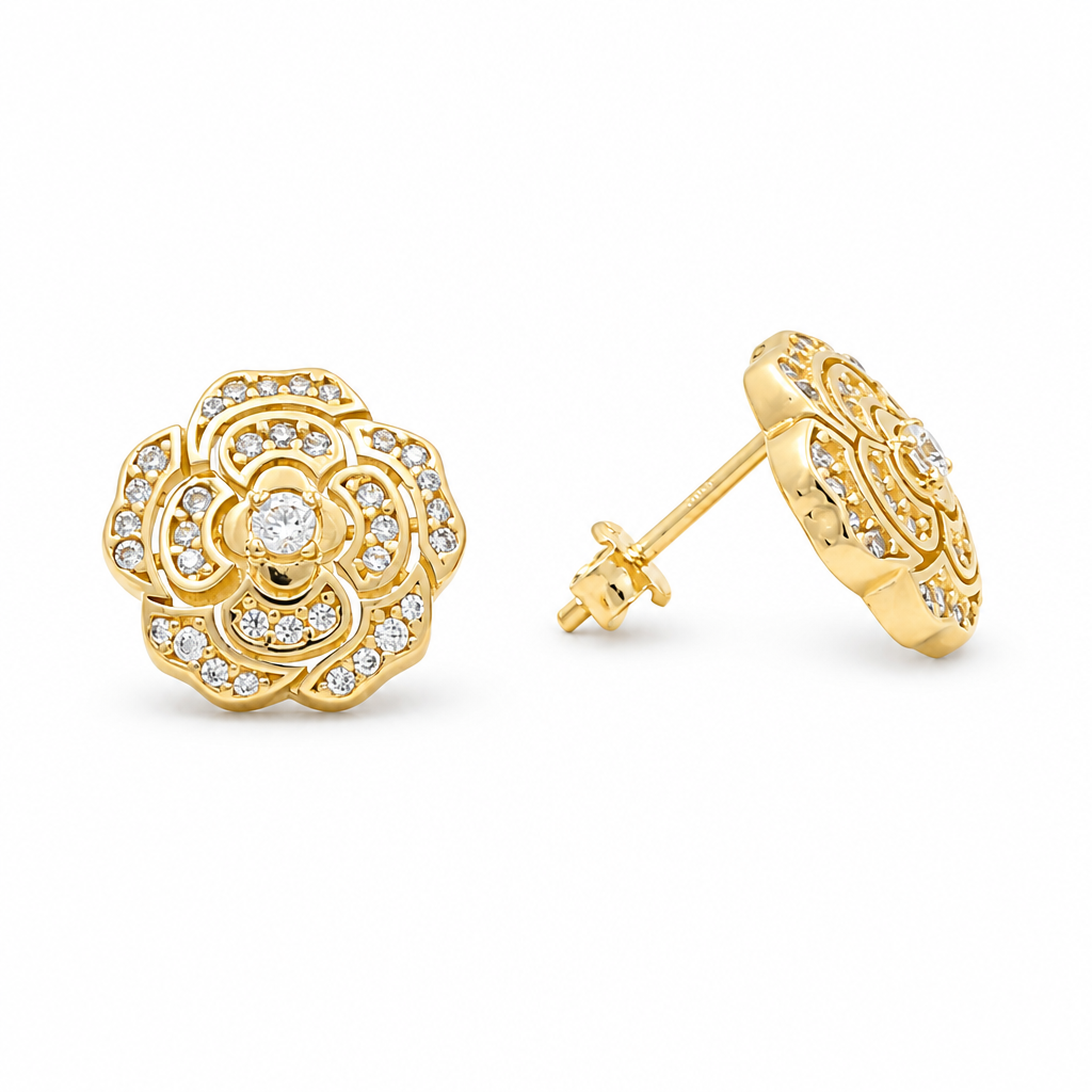 14K Yellow Gold Flower Women's Stud Earrings with Cz / Weight: 3.2 GR / DQES4FL-6