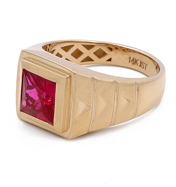 14K Yellow Gold Cuadrado Men's Ring with Red Cz / Size 10.5 / Weight 6.3gr / BOMR4FS-32