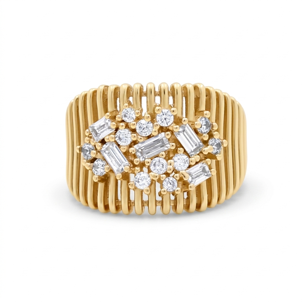 14K Yellow Gold Fashion Baguette Women's Ring with White Stones / Size: 8 / Weight: 6.5 GR