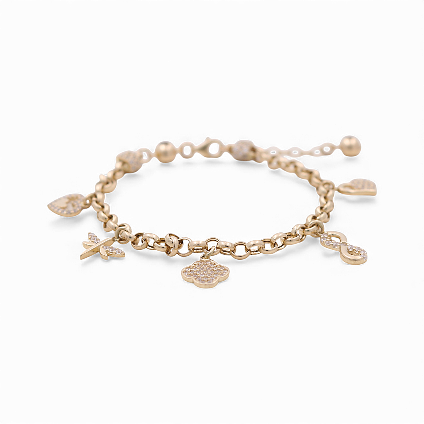 14k Yellow Gold Rolo Link Women's Bracelet with Charms and Cz / Size: 7.5" / Weight: 6.8 GR / CCFWB4FS-1