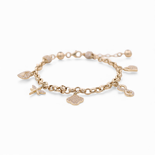 14k Yellow Gold Rolo Link Women's Bracelet with Charms and Cz / Size: 7.5" / Weight: 6.8 GR / CCFWB4FS-1