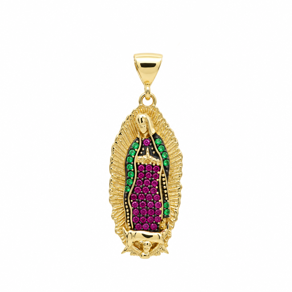 14K Yellow Gold Virgen de Guadalupe Medal Pendant with Colours Cz / Weight: 4.6 GR / DQPD4VG