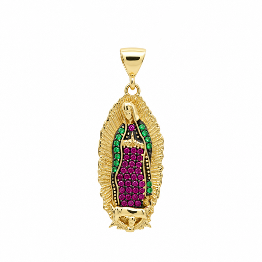 14K Yellow Gold Virgen de Guadalupe Medal Pendant with Colours Cz / Weight: 4.6 GR / DQPD4VG