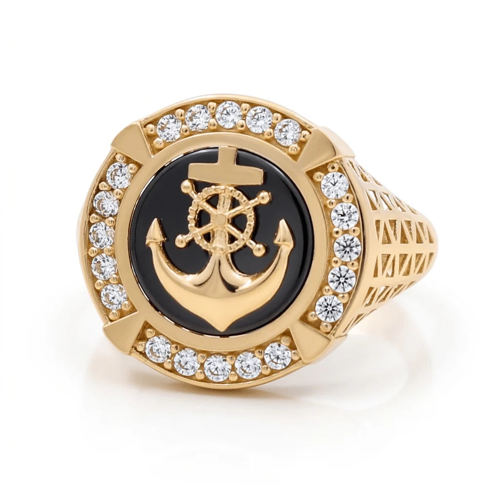 14K Yellow Gold Men's Ring with Onyx Cz Stone / Size:10.5 / Weight: 6.1 GR