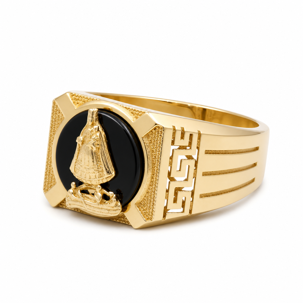 14k Yellow Gold Virgen de la Caridad Men's Rings with Onyx Stone / Size:11 / Weight: 5.0 GR