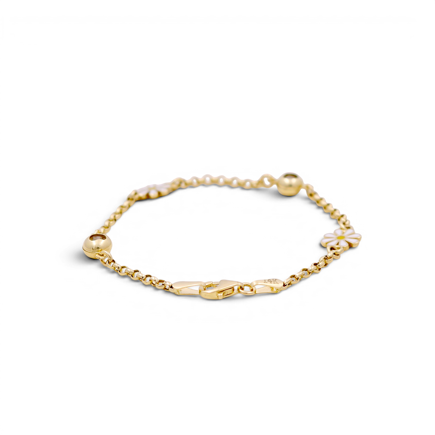 14K Yellow Gold Rolo Women's Bracelet with Flowers / Size: 6" / Weight: 3.1 GR