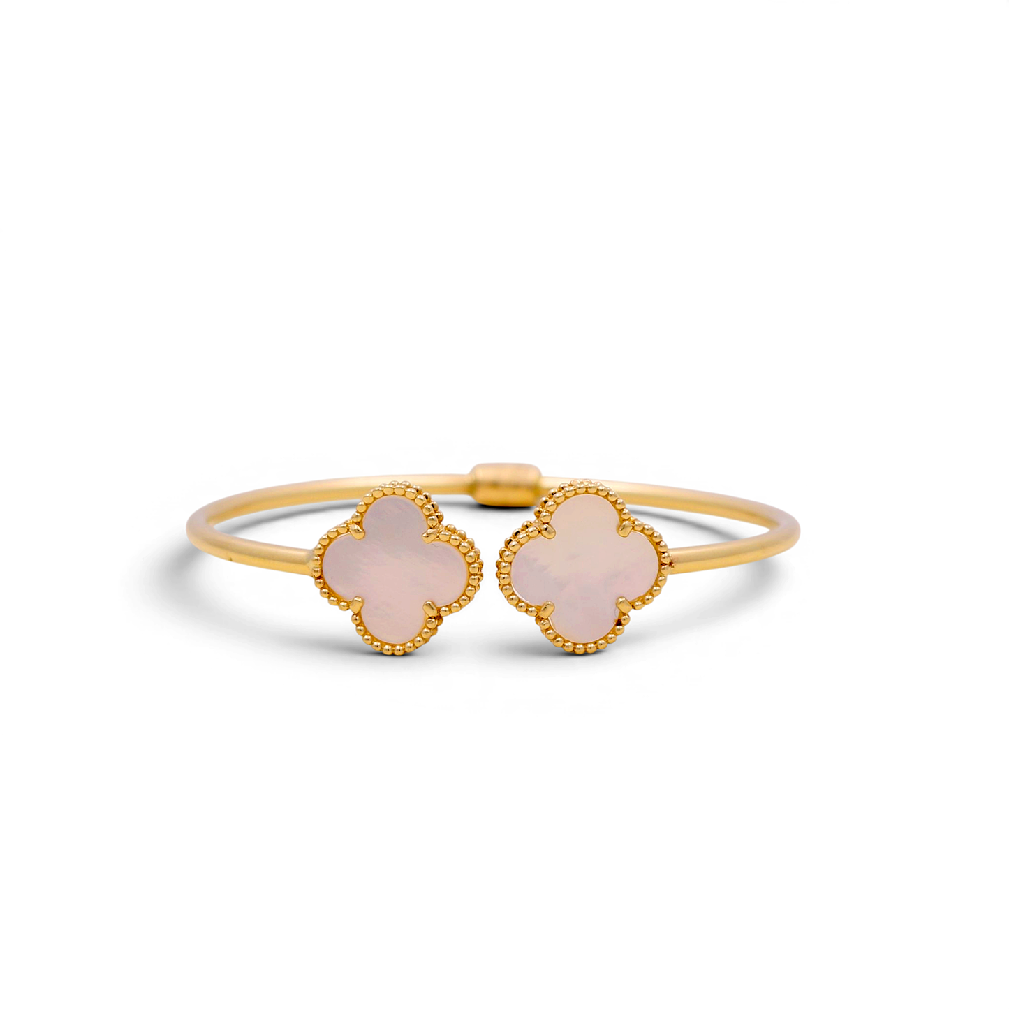 14K Yellow Gold Semisolid Mother of Pearl Two Clover Bangle / Weight: 8.7 GR