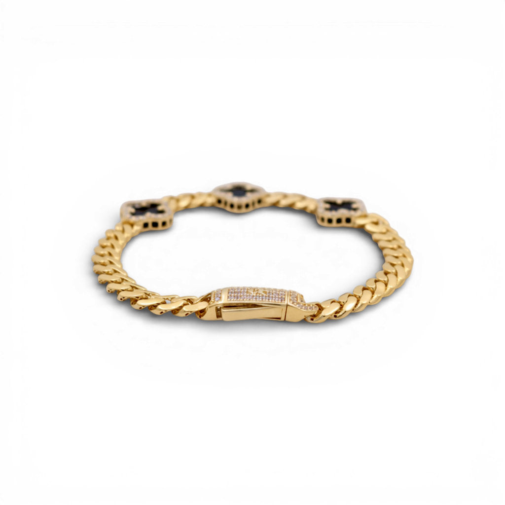 14K Yellow Gold Monaco Bracelet with Black Clover / CZ / Size: 7" 6MM / Weight: 12.8 GR/ COWB4MONCLV