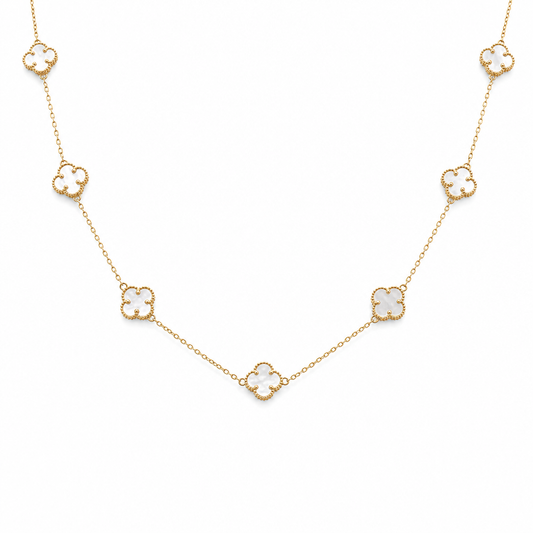 14K Yellow Gold Women's Necklace with Eleven Mother of Pearl Clover / Size: 17" 9mm / Weight: 6.7 GR / BONK4CLV-13