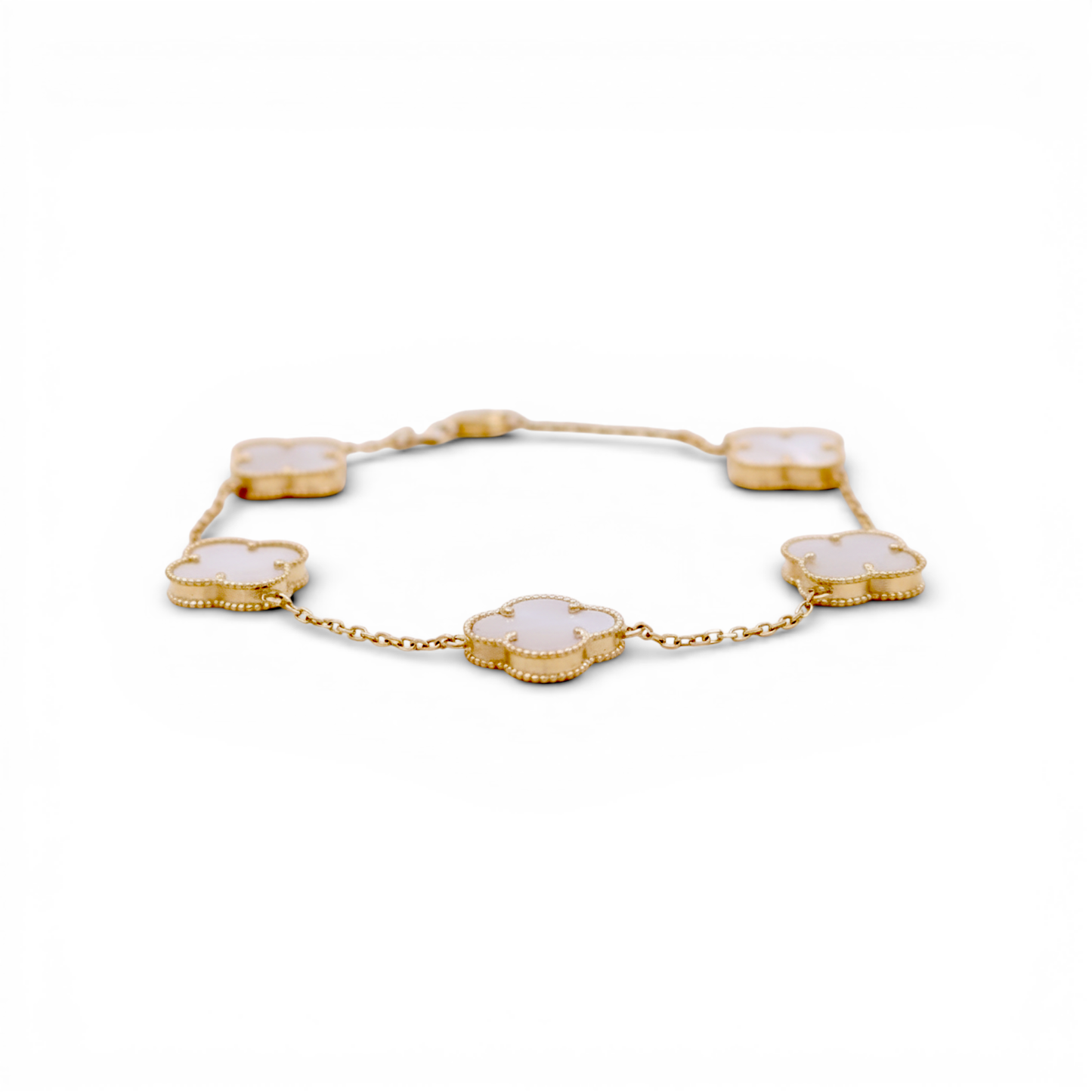 14K Yellow Gold Women's Bracelet with Six Mother of Pearl Clover / Size: 8.5" 9mm / Weight: 3.8 GR