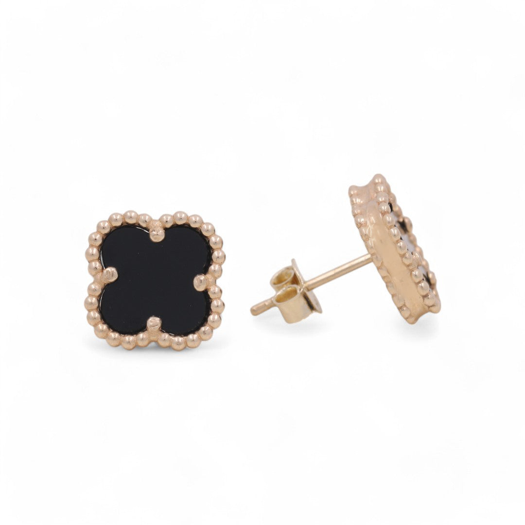 14K Yellow Gold Women’s Black Clover Stud Earrings / Weight: 3.3 GR / BOES4CLV-1