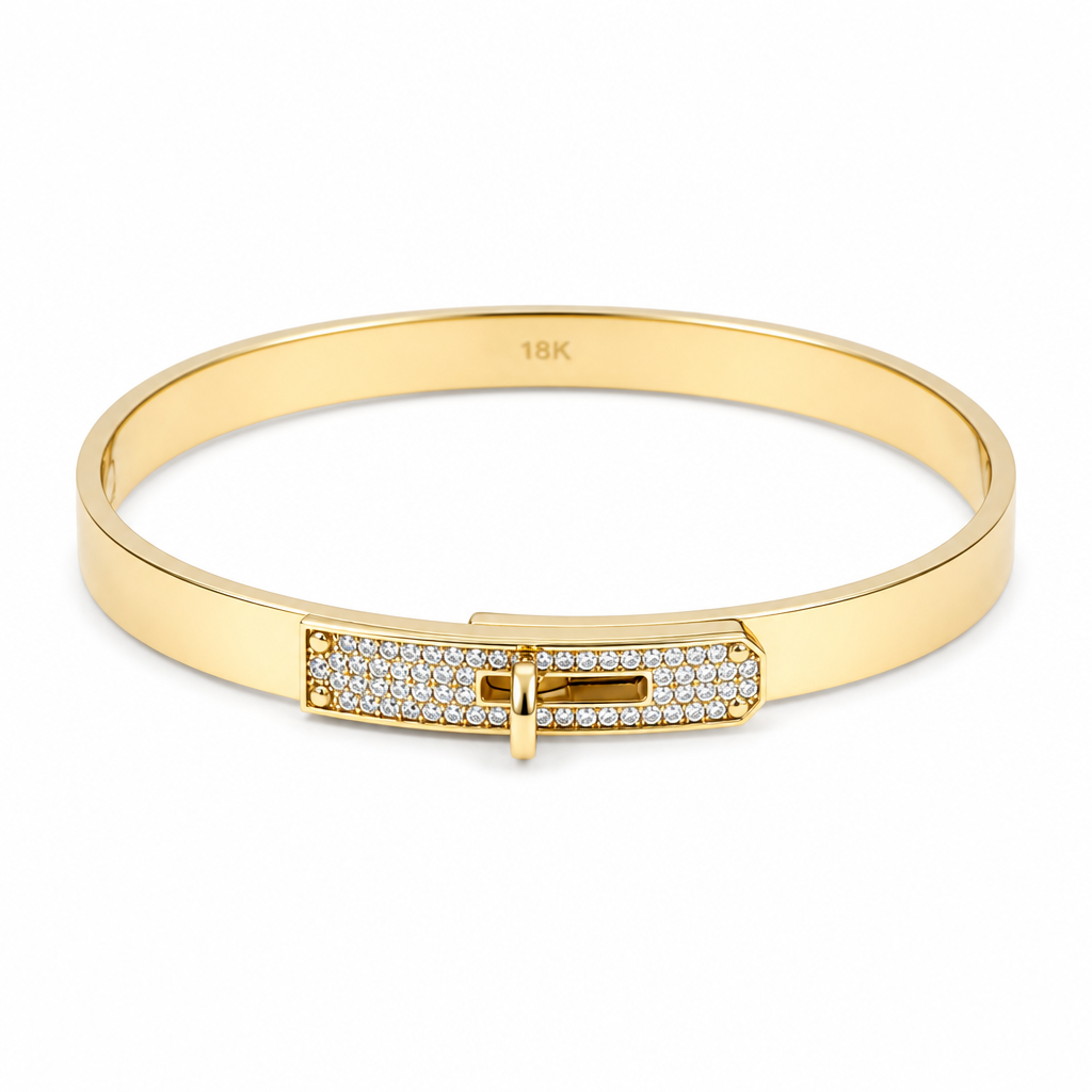 14K Yellow Gold Semisolid Fashion Bangle Bracelet with Cz / Size: 17 / Weight: 11.9 GR / DQBB4FS