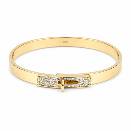 14K Yellow Gold Semisolid Fashion Bangle Bracelet with Cz / Size: 17 / Weight: 11.9 GR / DQBB4FS