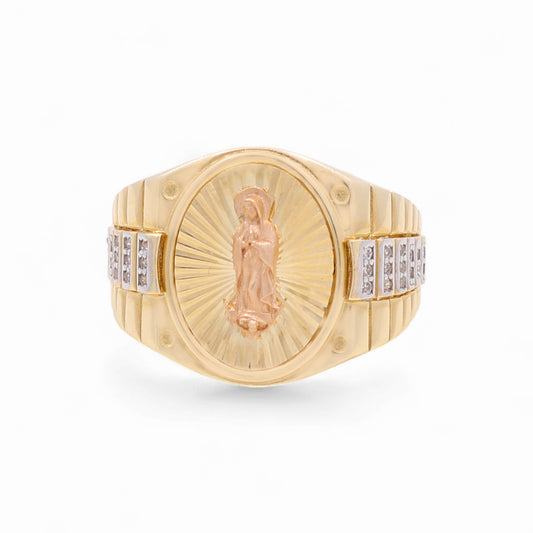 14k Three Tone Oval Virgen de Guadalupe Men's Ring with Cz / Size 10.5 / Weight 9.1 GR / COMR4OV3TVGCZ